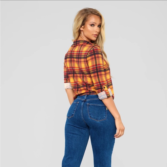 Fashion Nova Mustard Plaid Tie Knot Button Up Top - Picture 6 of 13